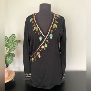Storybook Knits Holiday Sweater Size Large Beaded Sequins Leaf Holly Gold EUC